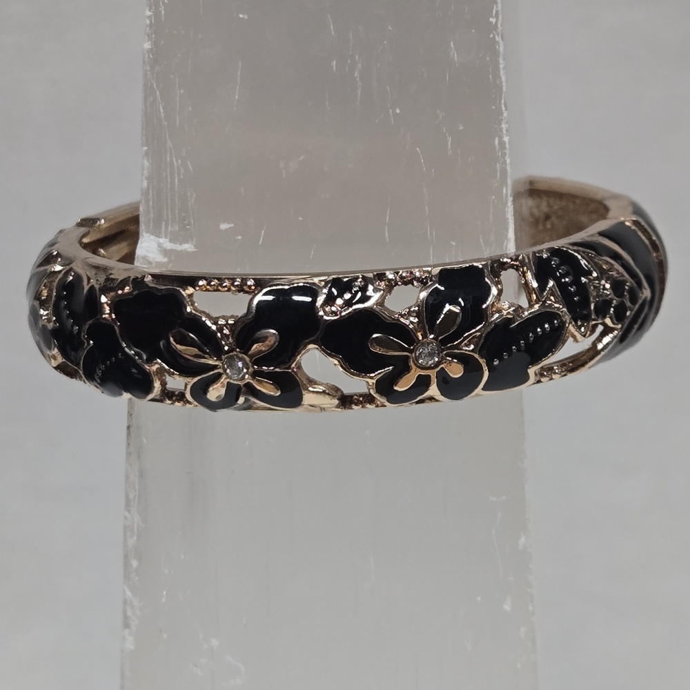 Gold w/Black Enamel & Crystals Butterfly Floral Clamp Bangle 14mm, 2 3/8" Dia